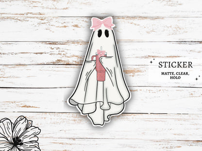 Cute Ghost Coffee Sticker | Ghost with Coffee | Ghost Vinyl Sticker | Ghost Decals | Girly Stickers | Halloween Stickers | Coquette Ghost