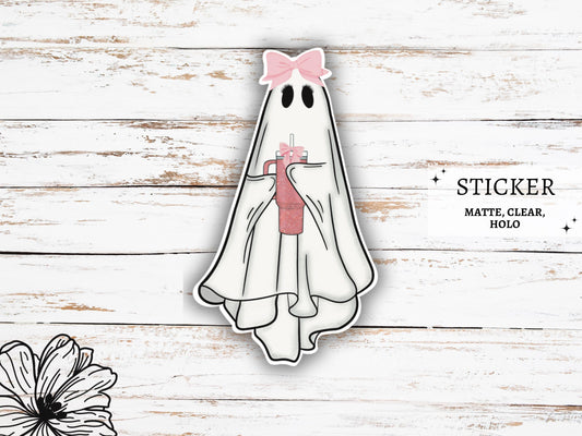 Cute Ghost Coffee Sticker | Ghost with Coffee | Ghost Vinyl Sticker | Ghost Decals | Girly Stickers | Halloween Stickers | Coquette Ghost