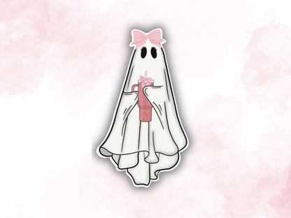 Cute Ghost Coffee Sticker | Ghost with Coffee | Ghost Vinyl Sticker | Ghost Decals | Girly Stickers | Halloween Stickers | Coquette Ghost