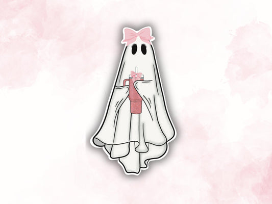 Cute Ghost Coffee Sticker | Ghost with Coffee | Ghost Vinyl Sticker | Ghost Decals | Girly Stickers | Halloween Stickers | Coquette Ghost