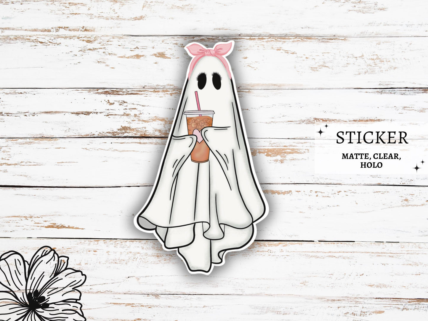 Cute Ghost Iced Coffee Sticker | Ghost with Coffee | Ghost Vinyl Sticker | Ghost Decals | Girly Stickers | Halloween Stickers | Coquette