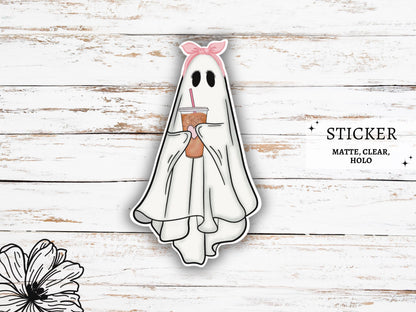 Cute Ghost Iced Coffee Sticker | Ghost with Coffee | Ghost Vinyl Sticker | Ghost Decals | Girly Stickers | Halloween Stickers | Coquette
