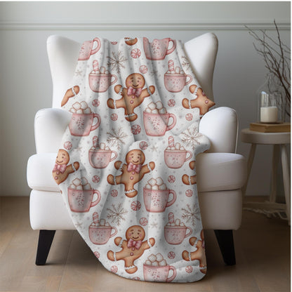 Gingerbread Christmas Blanket Coquette Pink Bow Gingerbread Fleece Throw Pink Holiday Home Decor Hot Cocoa Christmas Gift for Family Friends