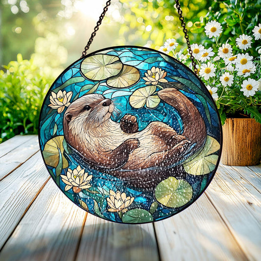 Swimming Otter Stained Glass Suncatcher, Funny Otter Glass Decor, Otter Lovers Gift, Gift For Her, Funny Animal Decor, Animal Lovers Gift