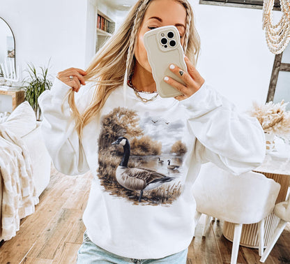 Retro Goose Fall Scene Sweatshirt - 90s Waterfowl Geese Wildlife Nature Outfit - Boho Unisex Crewneck Sweatshirt