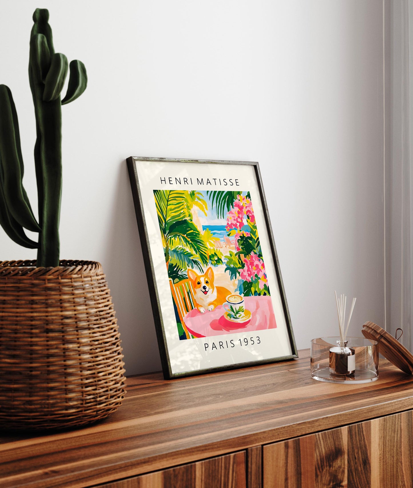Corgi Coffee Print: Matisse Style Pink Kitchen Art