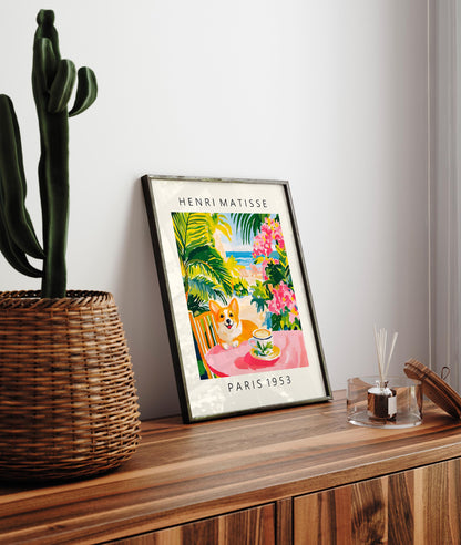 Corgi Coffee Print: Matisse Style Pink Kitchen Art