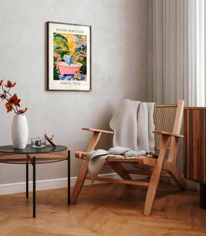 Elephant in Bathtub Art Print: Tropical Matisse Style Bathroom Decor