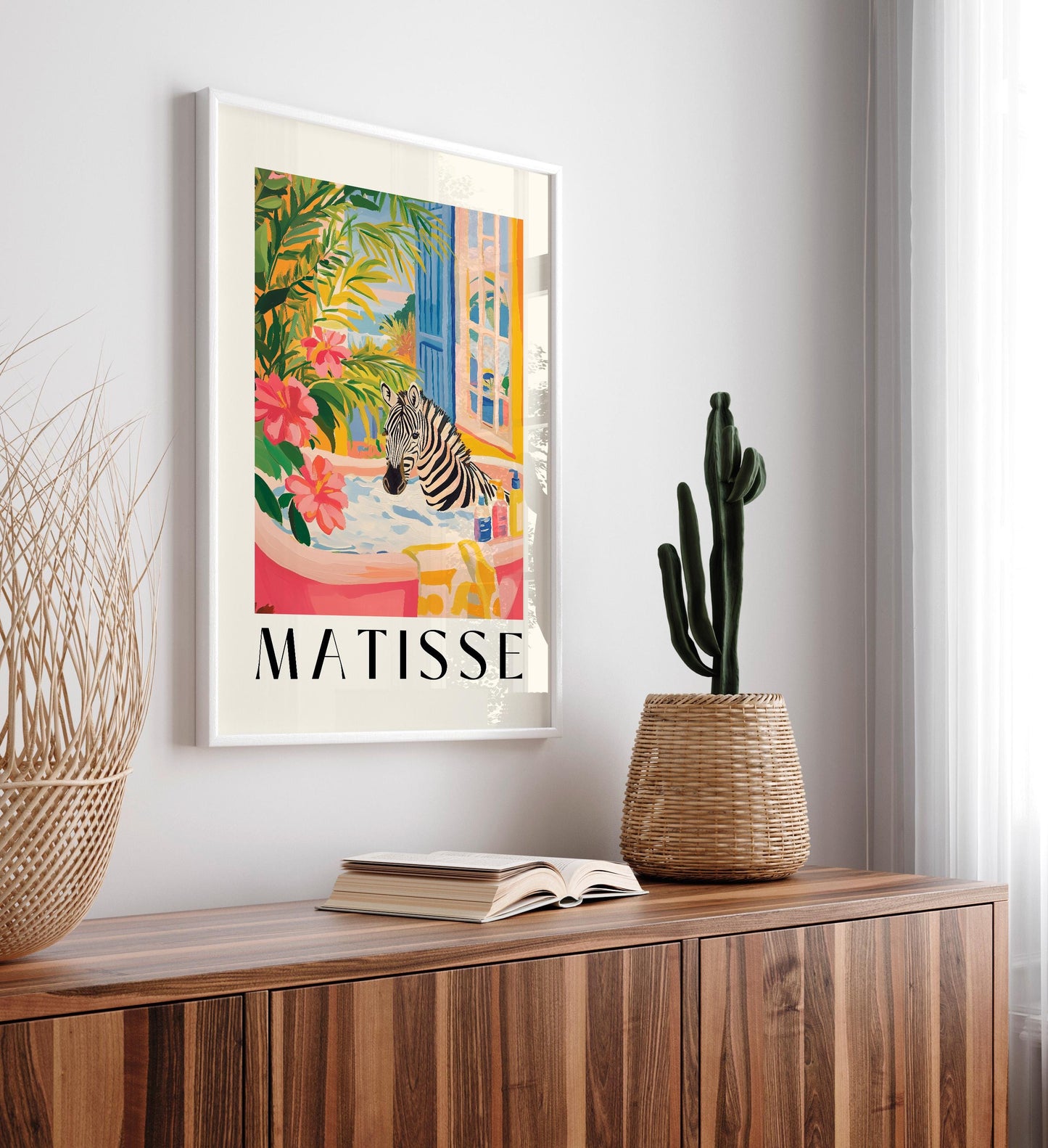 Zebra in Bathtub Art Print: Funny Pink Bathroom Decor, Matisse Style