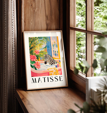 Zebra in Bathtub Art Print: Funny Pink Bathroom Decor, Matisse Style