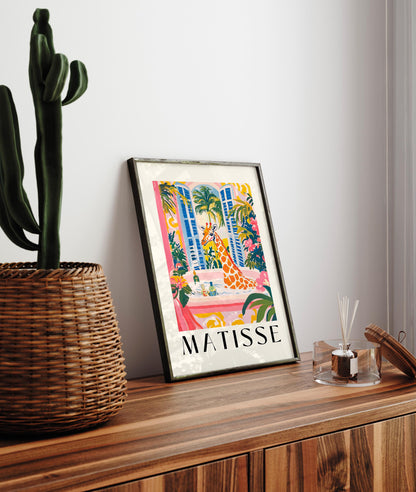 Giraffe in Bathtub Print: Funny Matisse Style Bathroom Art