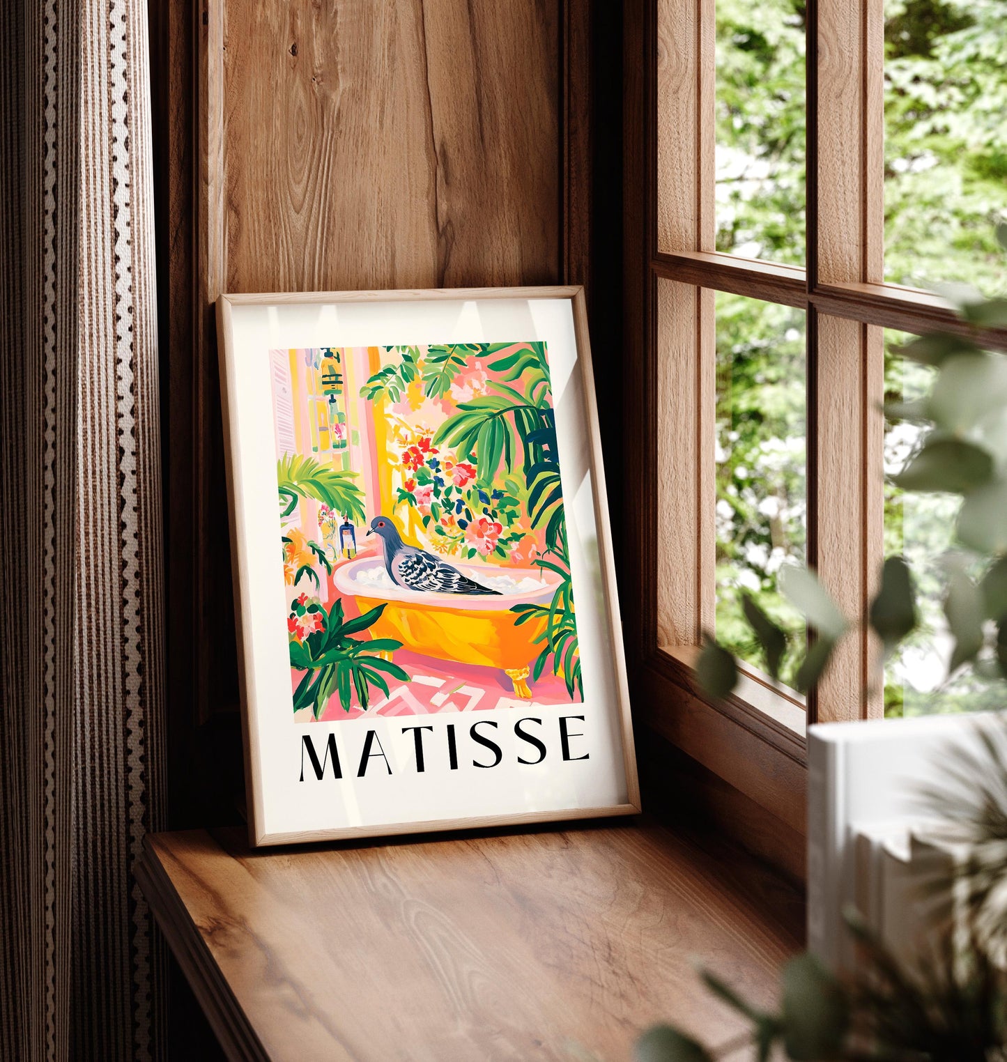 Pigeon in Bathtub Art Print: Funny Matisse Style Bathroom Wall Decor