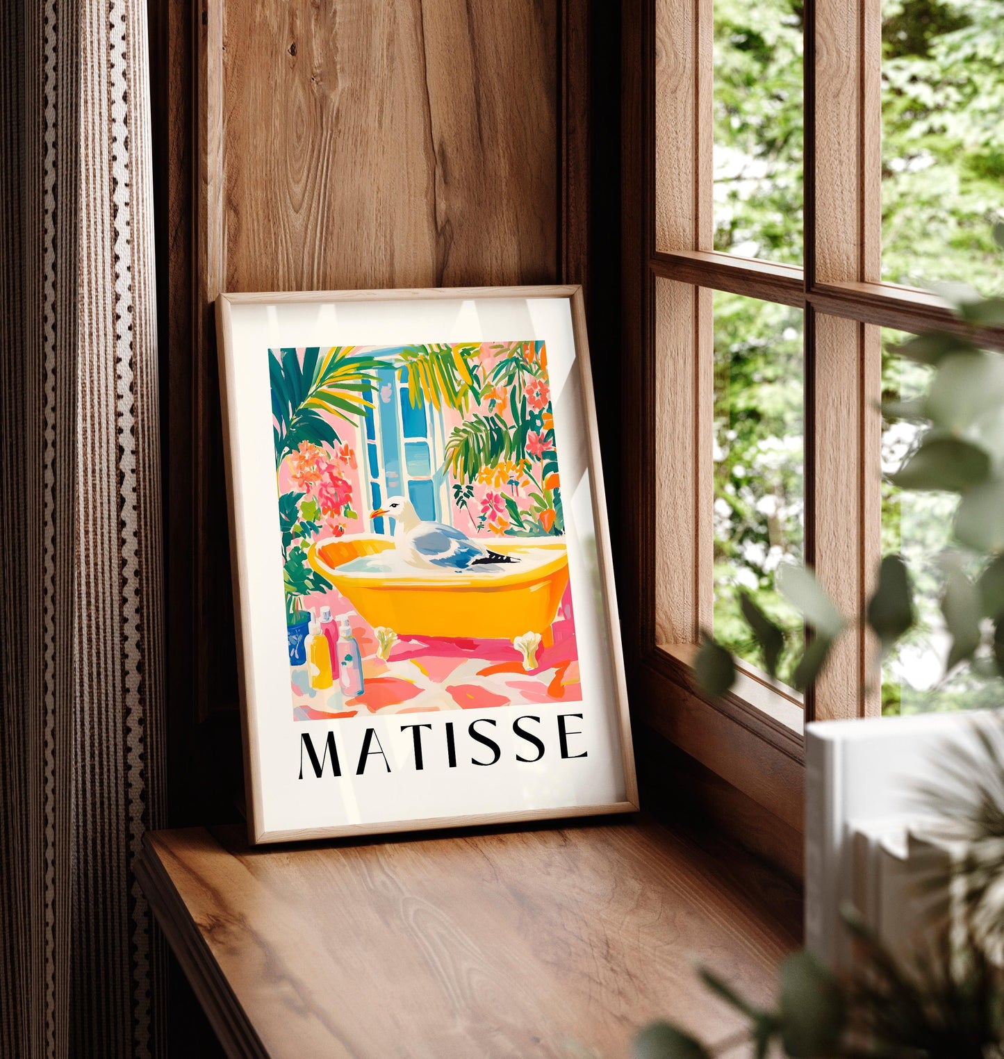 Seagull in Bathtub Art Print: Funny Matisse Style Bathroom Decor