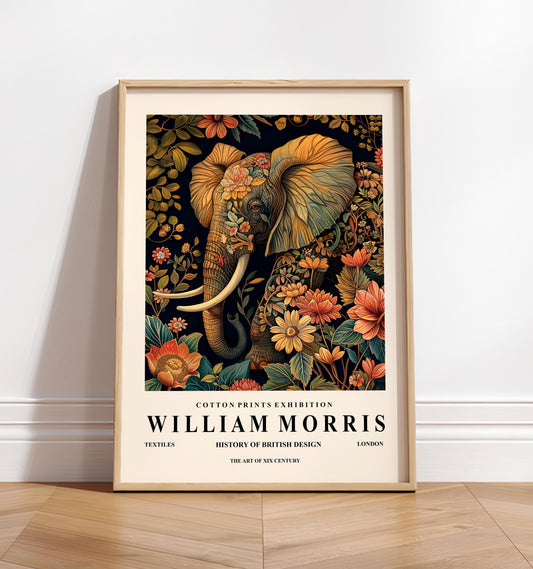 Elephant wall art, William Morris print, Dark botanical decor, Floral poster, Vintage home decor