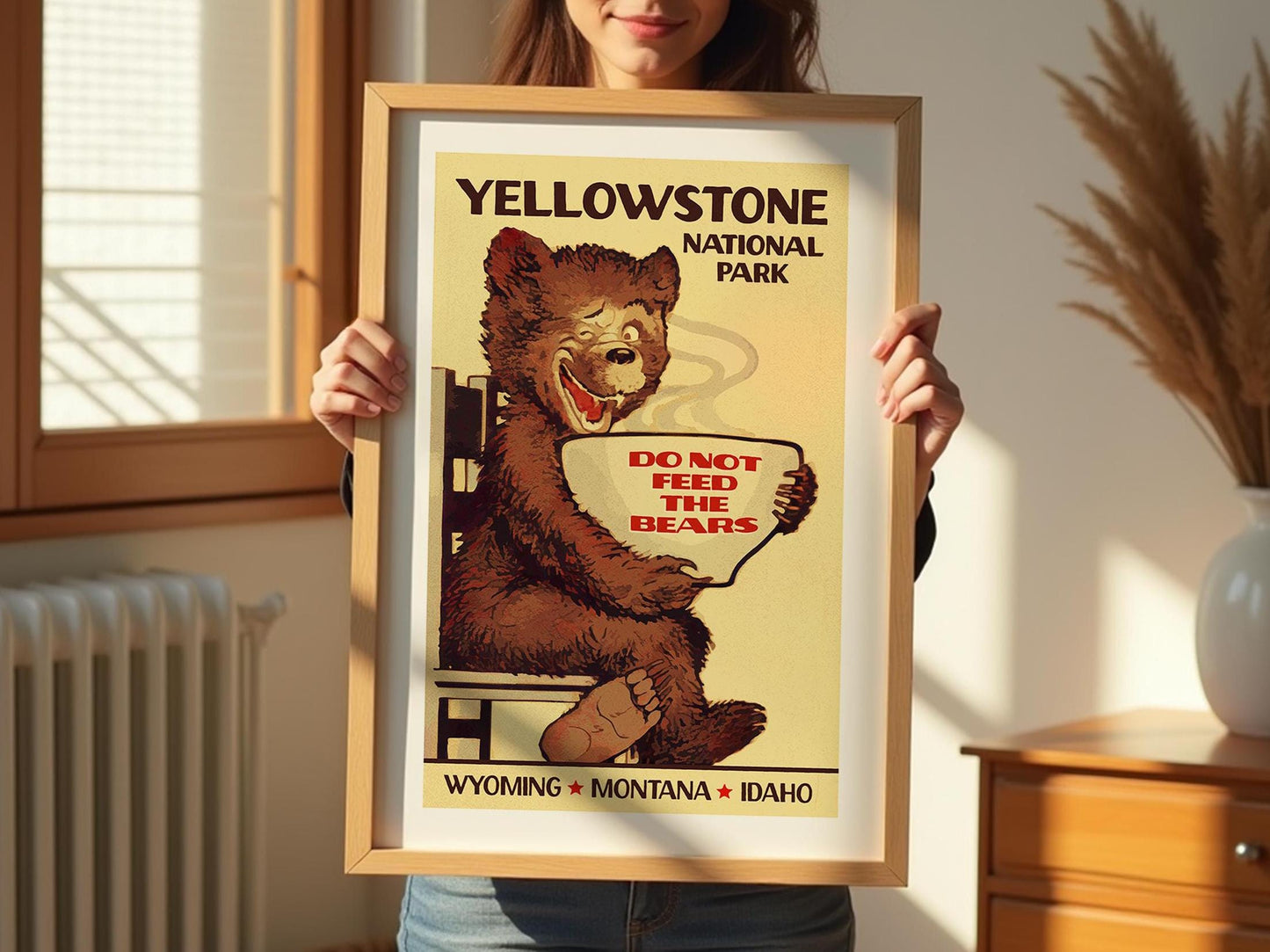 Yellowstone Art Print Retro Travel Poster Wyoming Wall Art National Park Bear Sign Outdoorsy Gift for Traveler Wilderness Wall Decor