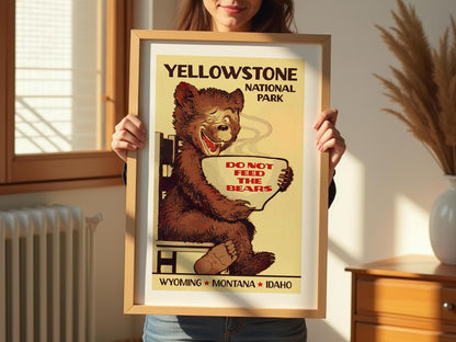 Yellowstone Art Print Retro Travel Poster Wyoming Wall Art National Park Bear Sign Outdoorsy Gift for Traveler Wilderness Wall Decor
