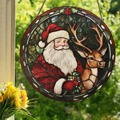 Santa Claus With a Reindeer: Stained Glass Style Window Hanging