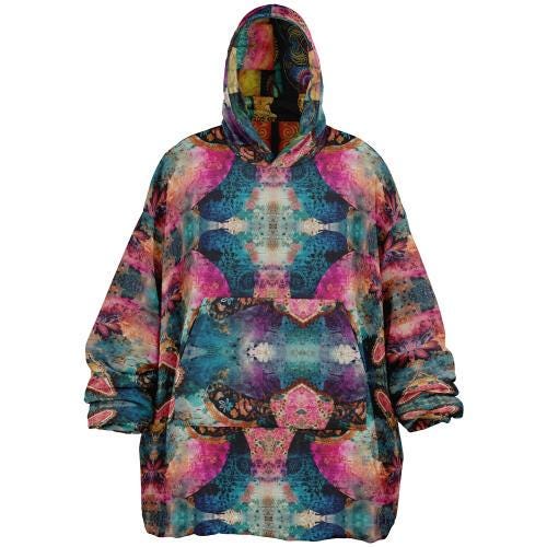 Fun Colourful Print Unisex Reversible Snug Hoodie,Psychedelic Vivid Colors Print Pullover Hooded Blanket with Sleeves,All Over Print Hoodie