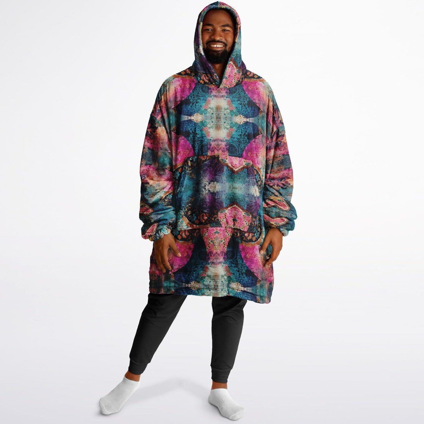 Fun Colourful Print Unisex Reversible Snug Hoodie,Psychedelic Vivid Colors Print Pullover Hooded Blanket with Sleeves,All Over Print Hoodie