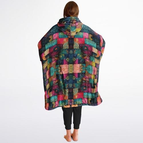 Fun Colourful Print Unisex Reversible Snug Hoodie,Psychedelic Vivid Colors Print Pullover Hooded Blanket with Sleeves,All Over Print Hoodie