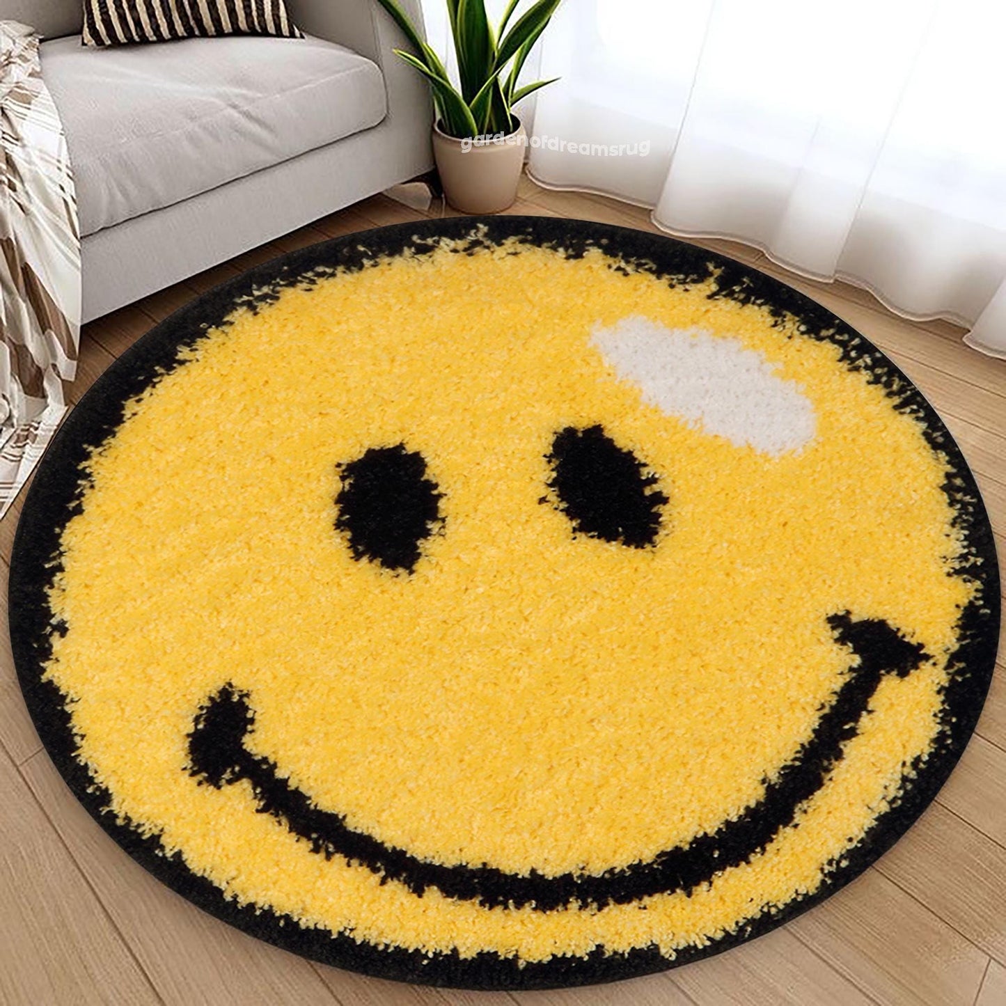 Smile Emoji Rug, Round Smile Rug, Tufted Look Rug, Emoji Decor, Rugs for Teen Room, Non Slip Rug, Kids Room Decor Carpet, Gift for Kids