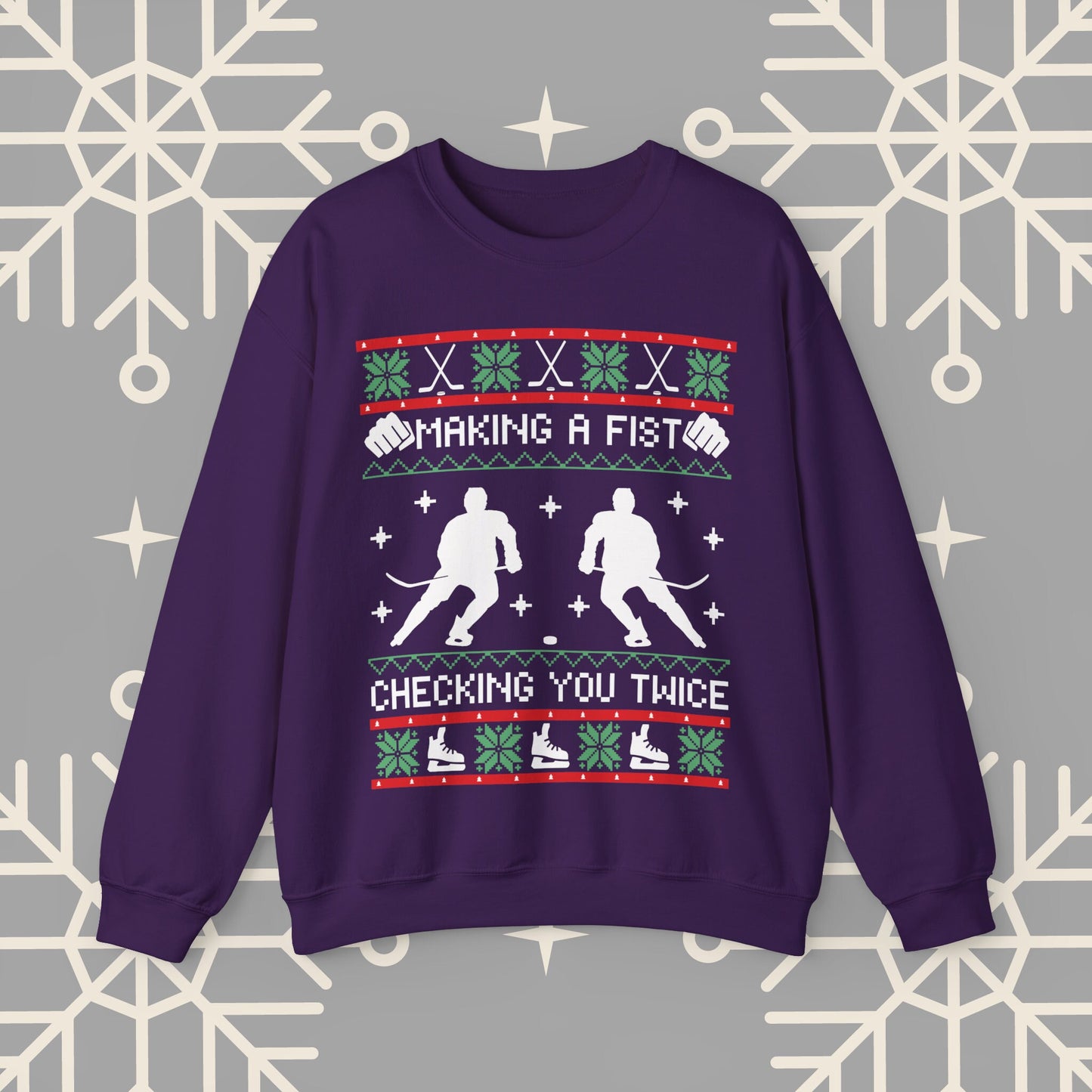 Making a Fist Checking You Twice Ugly Christmas , Hockey Christmas Sweatshirt, Holiday Themed Hockey , Hockey Gifts for Men