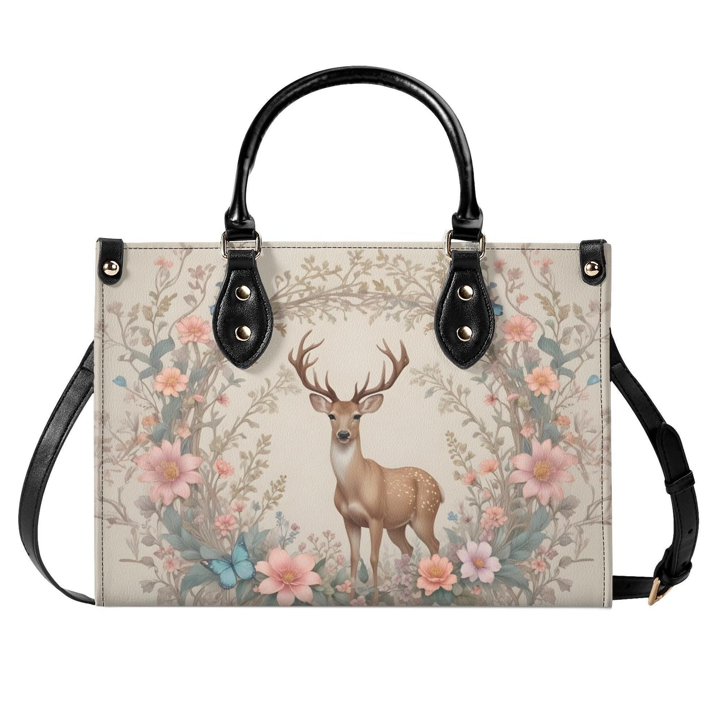 Deer with Floral Crossbody Bag - Nature-Inspired Vegan Leather Purse, Unique Gift for Women