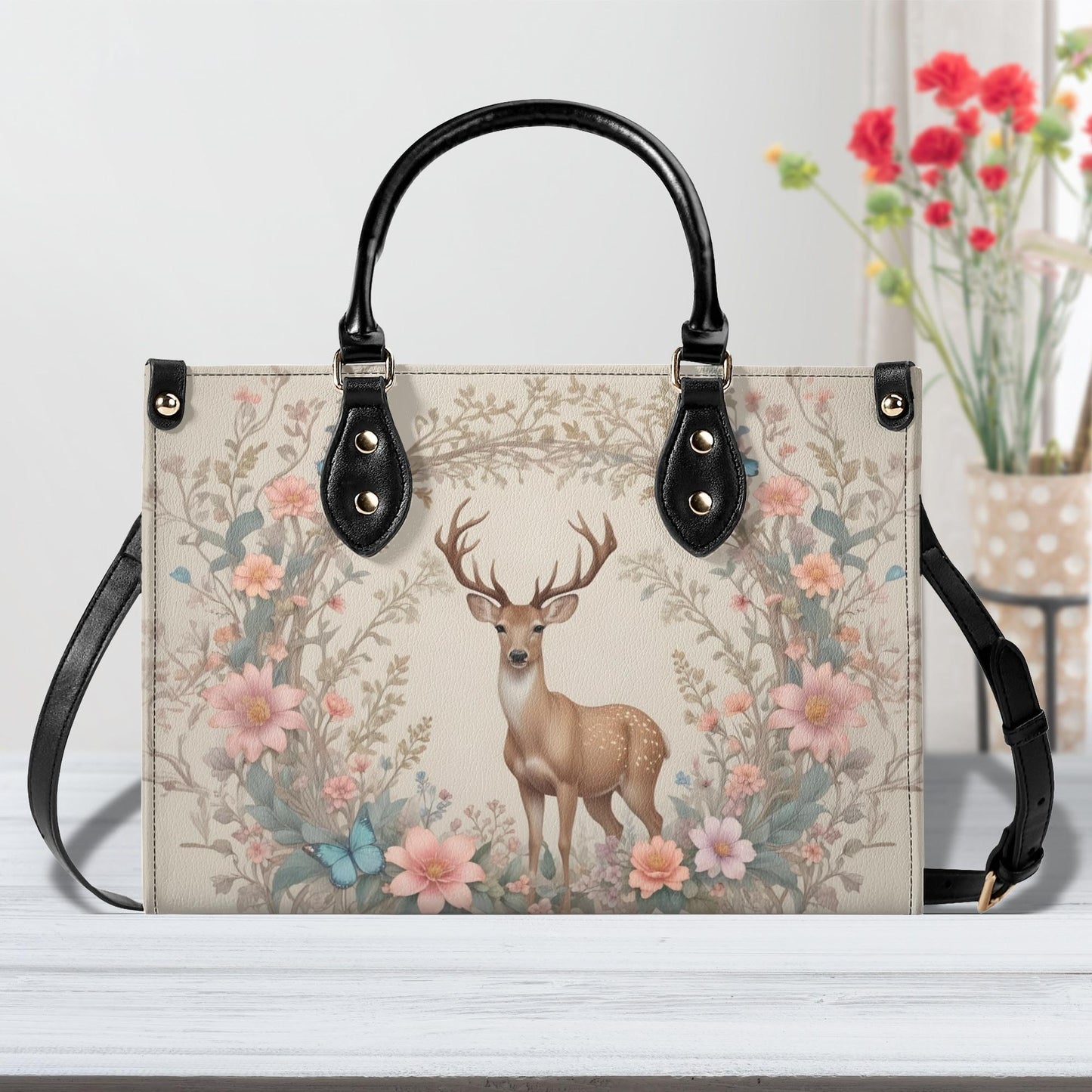 Deer with Floral Crossbody Bag - Nature-Inspired Vegan Leather Purse, Unique Gift for Women