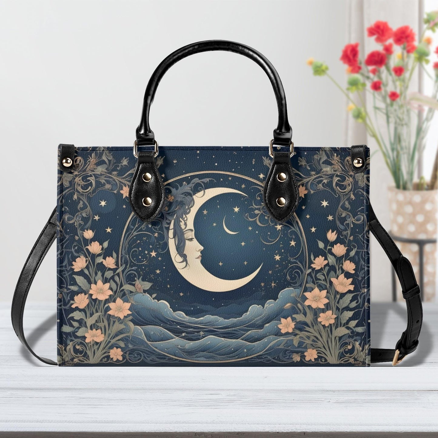 Moon Design Crossbody Bag - Unique Vegan Leather Purse, Mystical Gift for Women