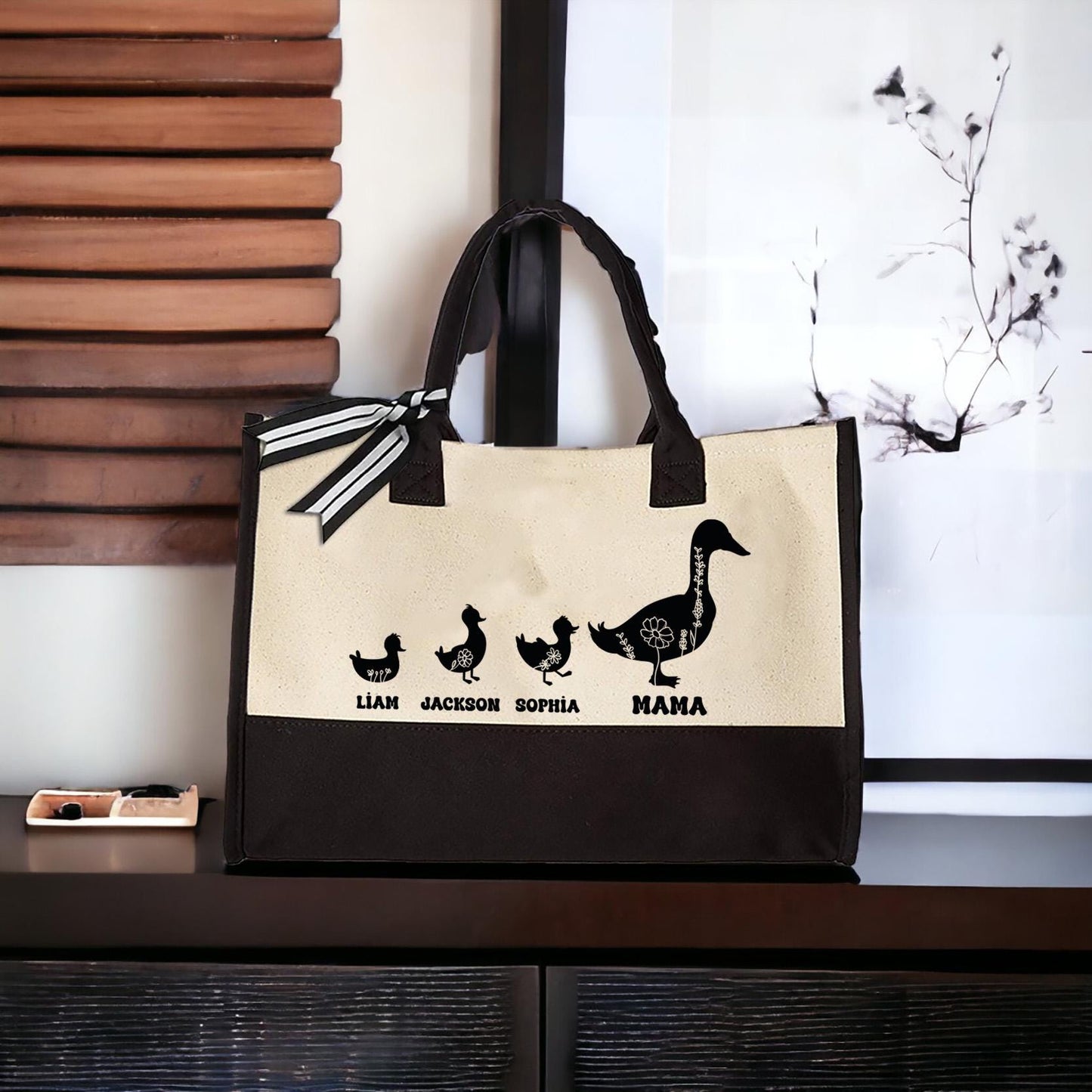 Kids Names Tote Bag, Duck Grandkids Tote, Customized Shoulder Bag, Mother Duck Canvas Tote, Grandma Handbag Gift, Large Tote Bag, Lunch Bag