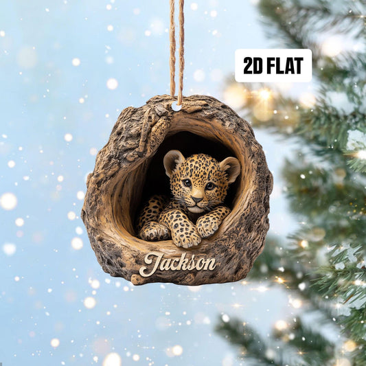 Personalized Leopard 2D Flat Ornament, Custom Name Christmas Tree Ornament, Leopard Baby Christmas Home Decor, Xmas Gift for Leopard Lover