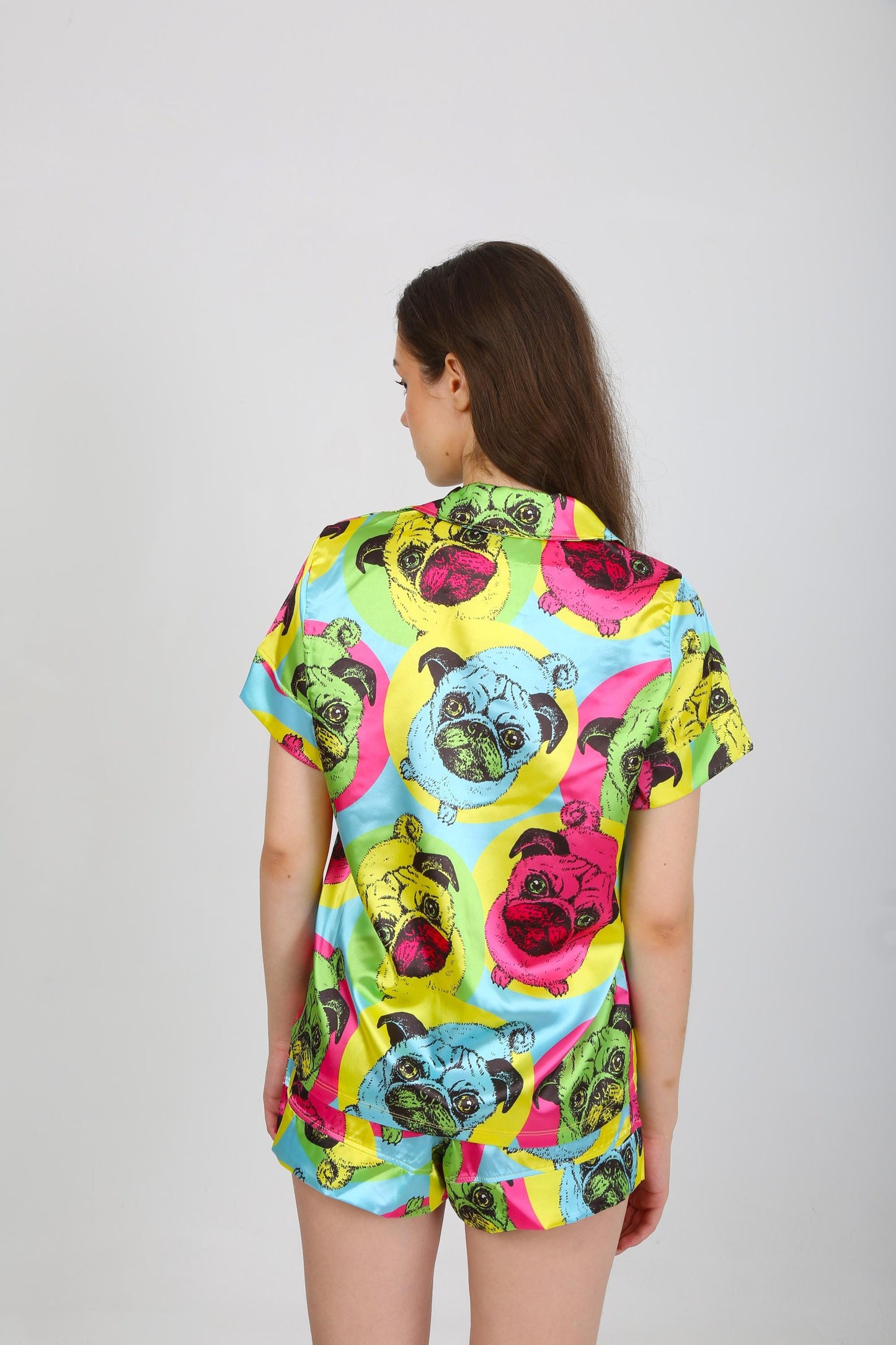 Whimsical Pug Print Pajama Set - Short Sleeve Shirt & Shorts - Colorful Dog Faces on Fabric - Fun, Cozy Sleepwear - Satin Pajamas