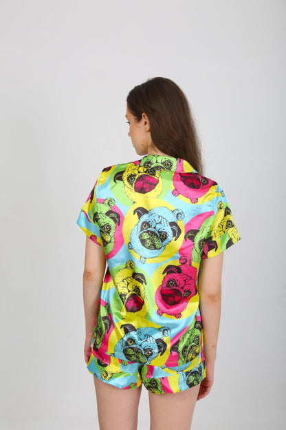 Whimsical Pug Print Pajama Set - Short Sleeve Shirt & Shorts - Colorful Dog Faces on Fabric - Fun, Cozy Sleepwear - Satin Pajamas
