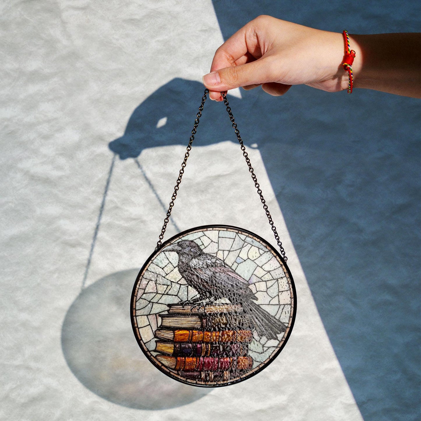 Crow and book stack GLASS Window hanging, Raven glass, Reading lover gift, Librarian gift, Reading room sign, Book worm gift,Book Lover gift