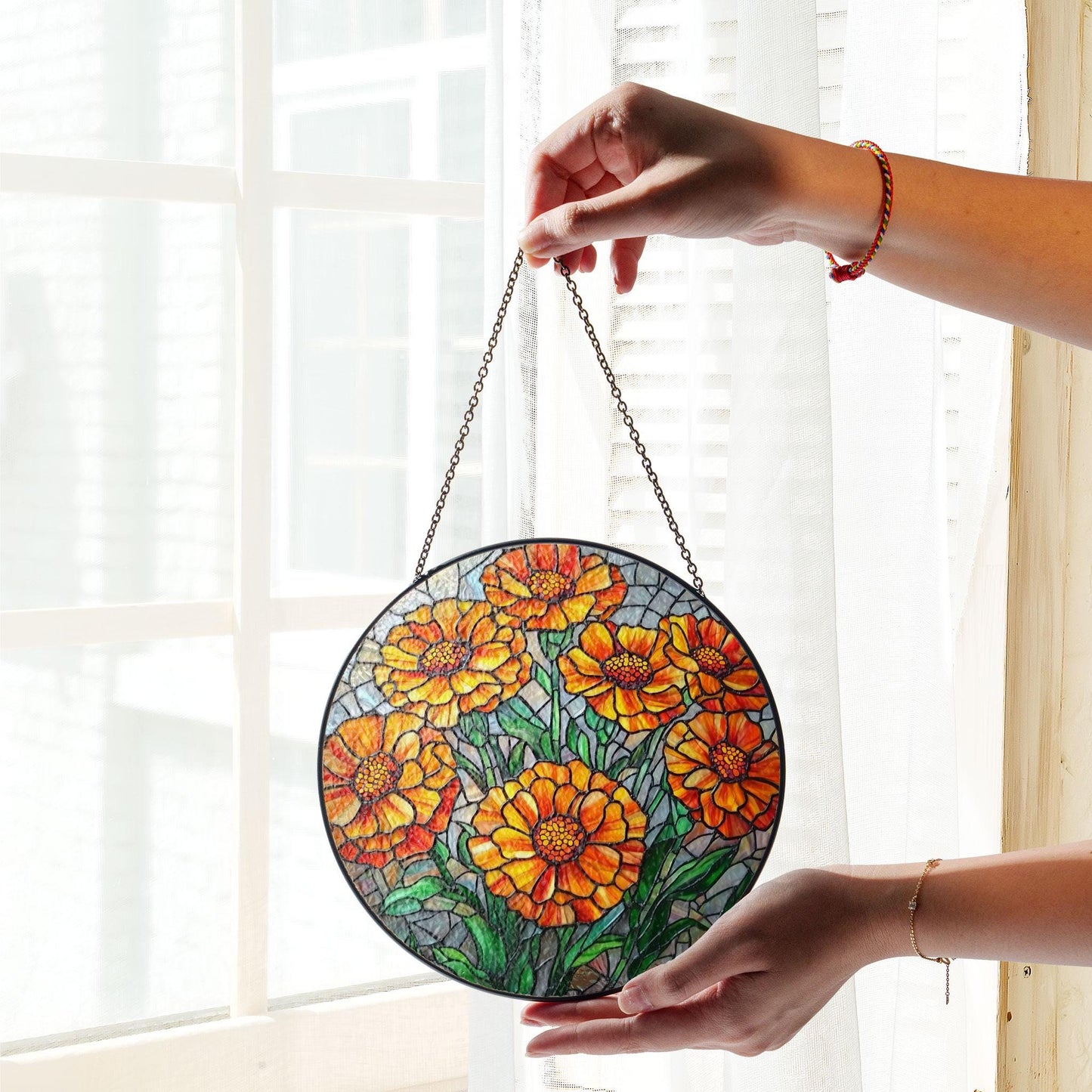 Marigold Flower GLASS Suncatcher, Birth Month Flower glass, Marigold Suncatcher ornament, Marigold glass, Grandma gift, Housewarming gift