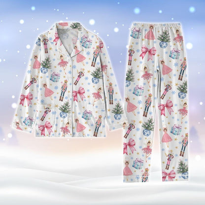 Nutcracker Coquette Christmas Pajamas Set, Pink Fairy Holiday Pajamas, Nutcracker Ballet Xmas Pajamas, Christmas Party Gift