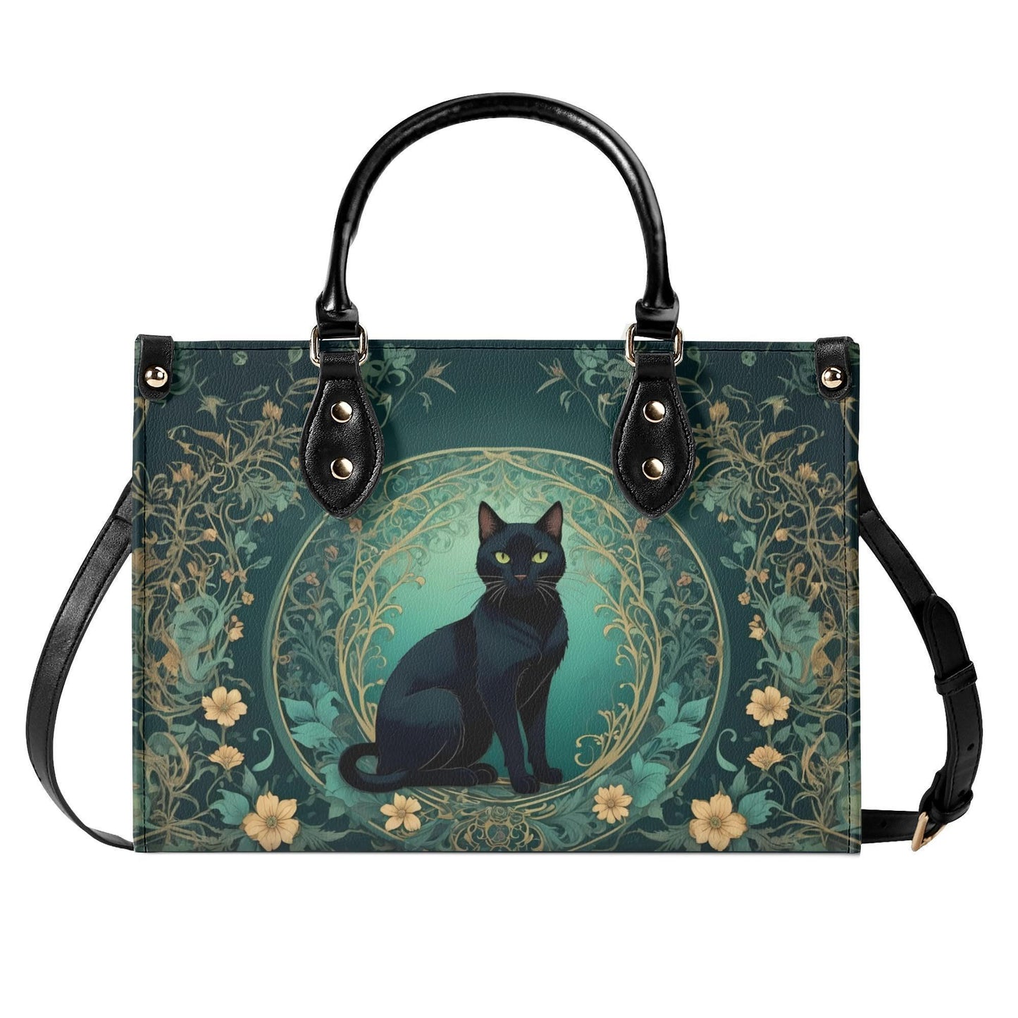 Mystical Cat Crossbody Bag in Teal and Gold - Art Nouveau Vegan Leather Purse, Unique Gift for Women