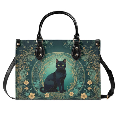 Mystical Cat Crossbody Bag in Teal and Gold - Art Nouveau Vegan Leather Purse, Unique Gift for Women