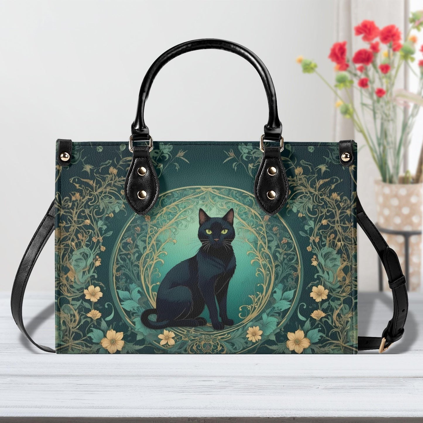 Mystical Cat Crossbody Bag in Teal and Gold - Art Nouveau Vegan Leather Purse, Unique Gift for Women