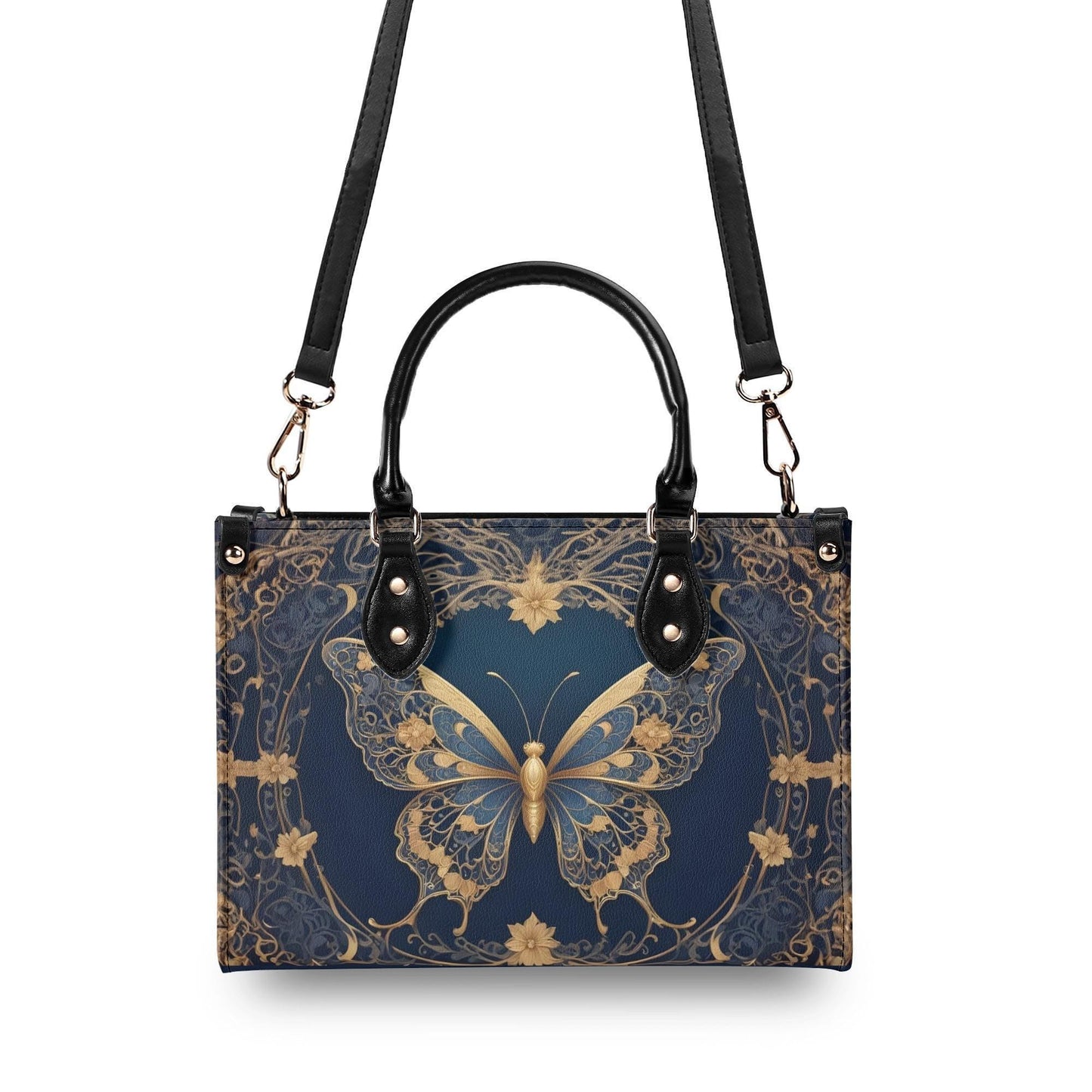 Golden Art Nouveau Butterfly Crossbody Bag - Nature-Inspired Vegan Leather Designer Purse, Unique Gift for Women