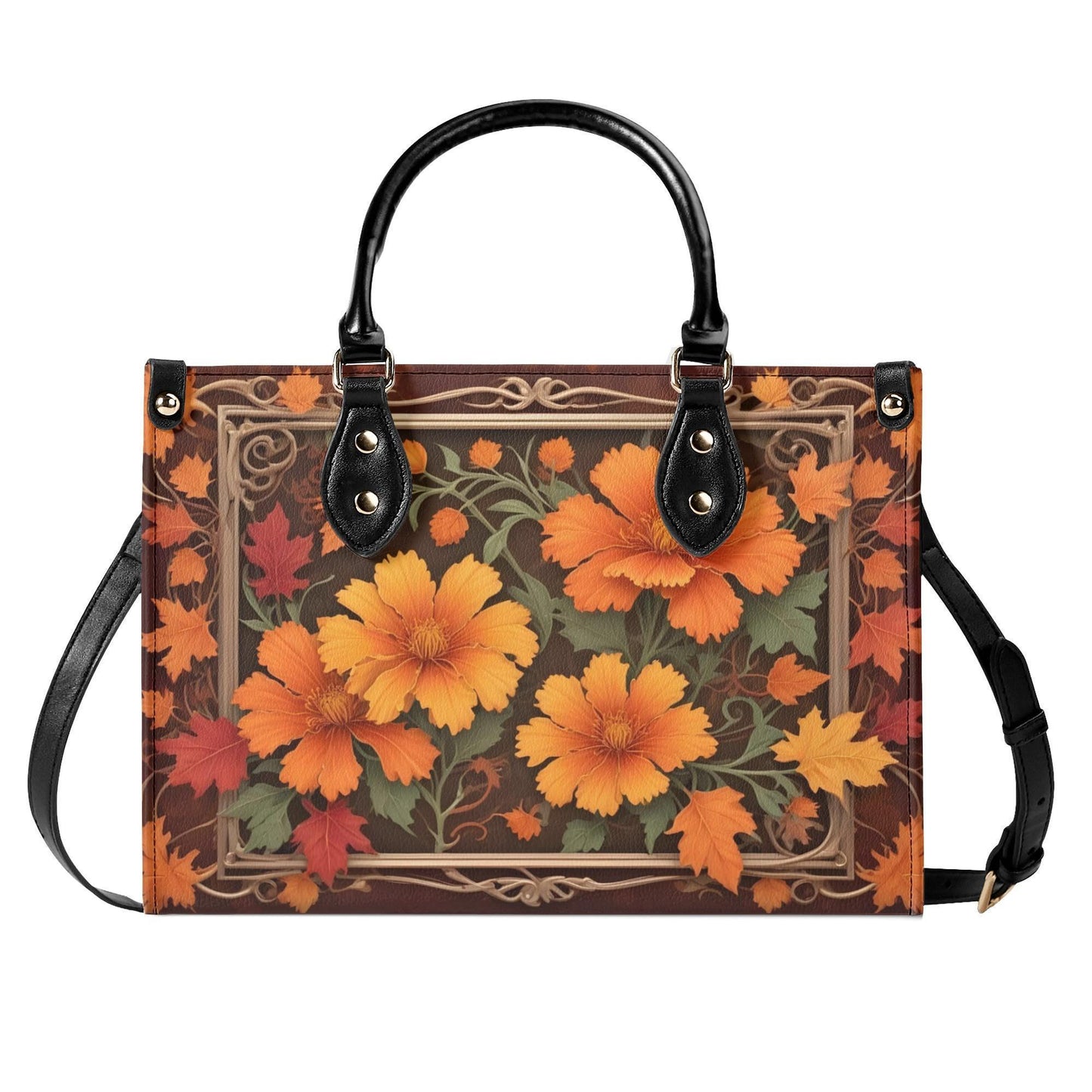 Autumn Maple Leaves and Marigolds Crossbody Bag - Nature-Inspired Vegan Leather Purse, Unique Gift for Women