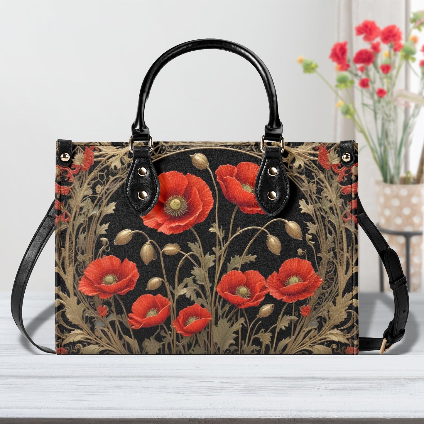 Golden Poppies Crossbody Bag - Floral Vegan Leather Designer Purse, Unique Gift for Women