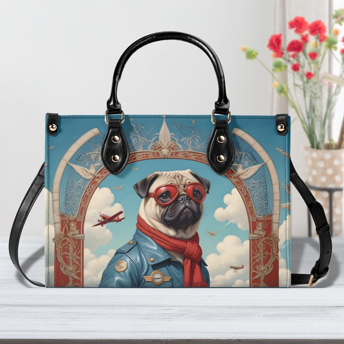 Pug Dog in Aviator Outfit Bag Cute Crossbody Bag Unique Purse Cute Purse, Luxury Bag Vegan Leather Bags Printed Designer Bag