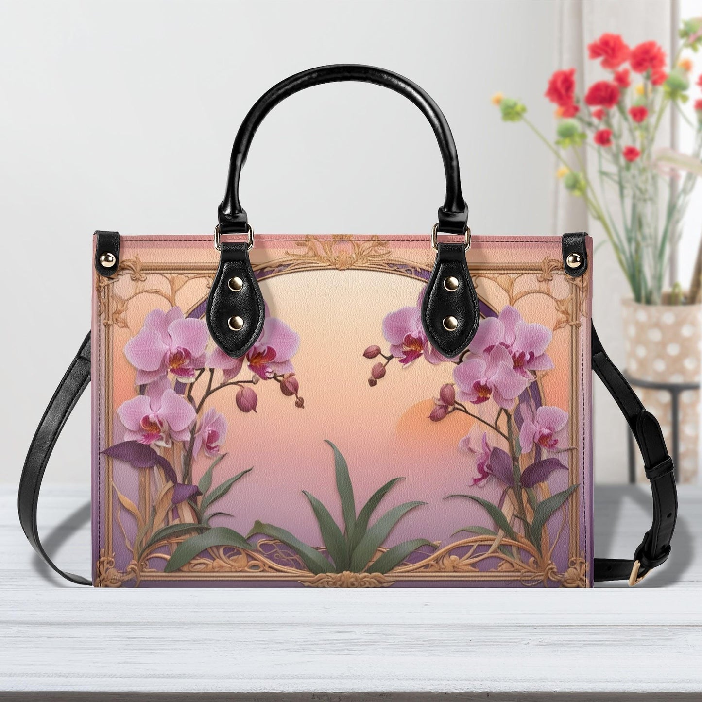 Orchids in Sunset Hues Crossbody Bag - Nature-Inspired Vegan Leather Purse, Unique Gift for Women