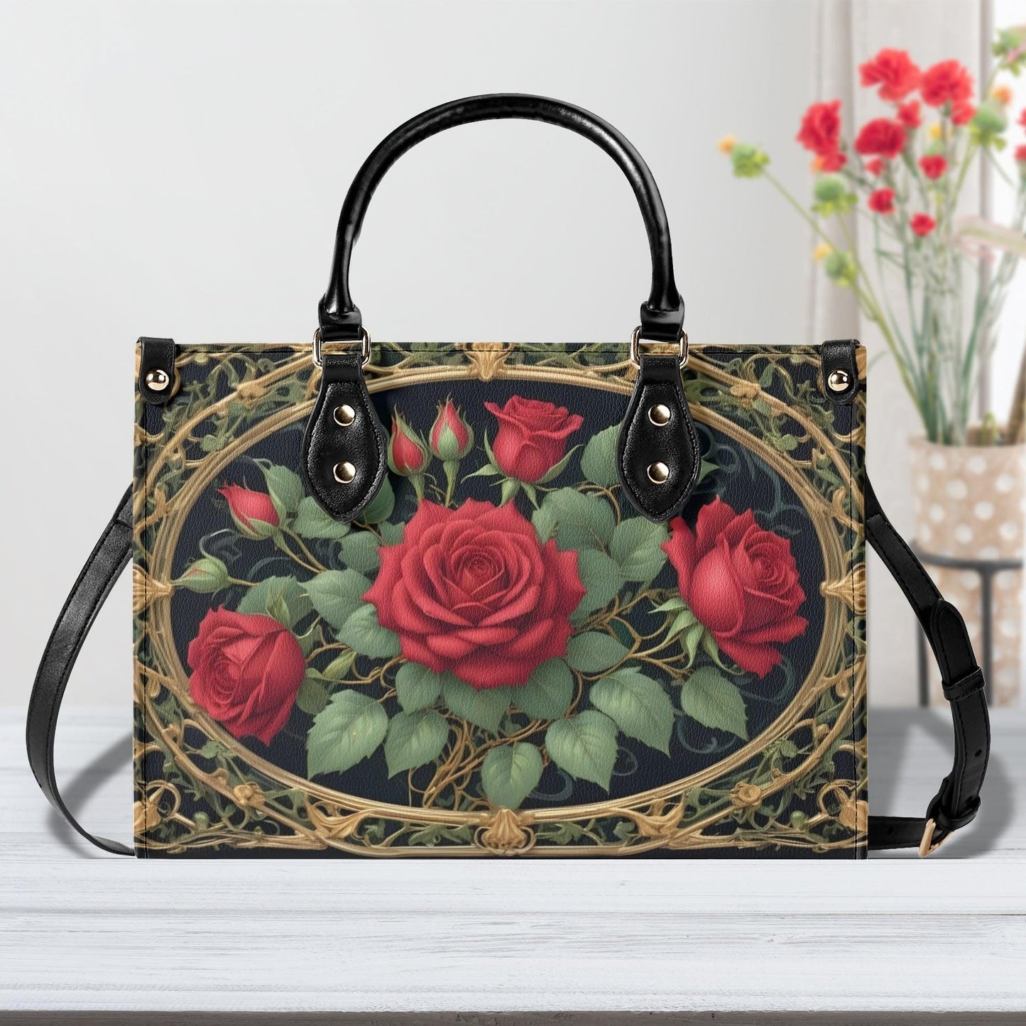 Lush Roses Crossbody Bag - Floral Vegan Leather Designer Purse, Unique Gift for Women