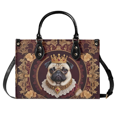Royal Pug Crossbody Bag with Crown and Ruffled Collar - Art Nouveau Dog Portrait Vegan Leather Purse