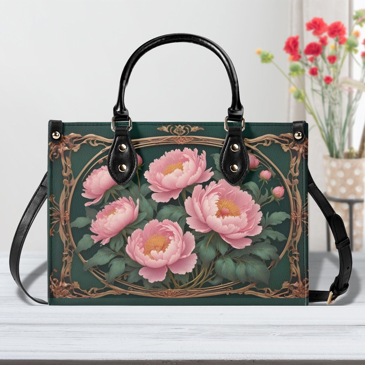 Peonies Crossbody Bag - Floral Vegan Leather Designer Purse, Unique Gift for Women