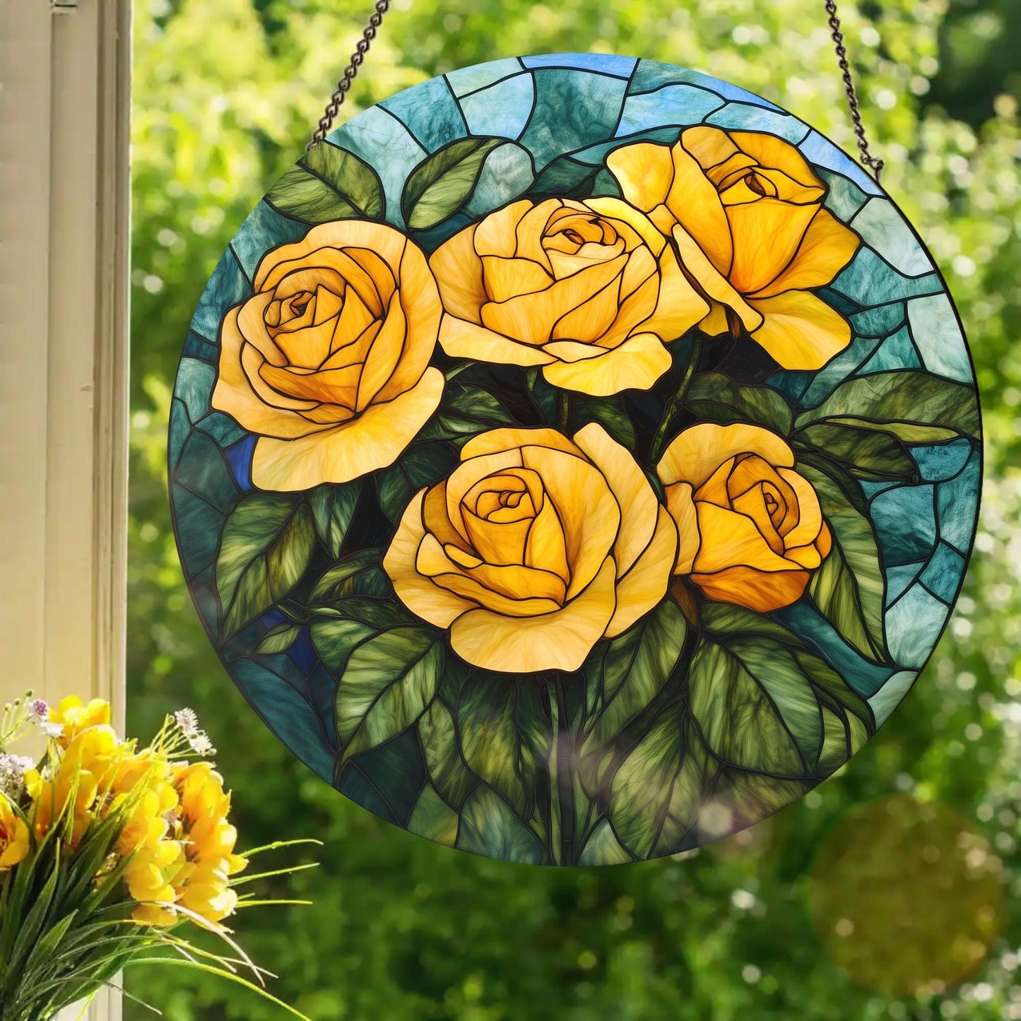 Yellow Roses: Stained Glass Style Window Hanging