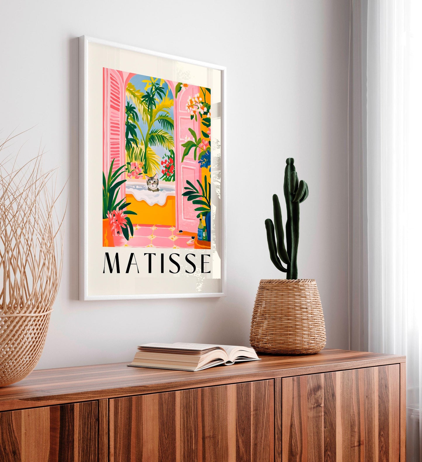 Matisse Cat Print: Pink Bathroom Wall Art, Funny Tabby Decor