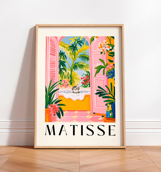 Matisse Cat Print: Pink Bathroom Wall Art, Funny Tabby Decor